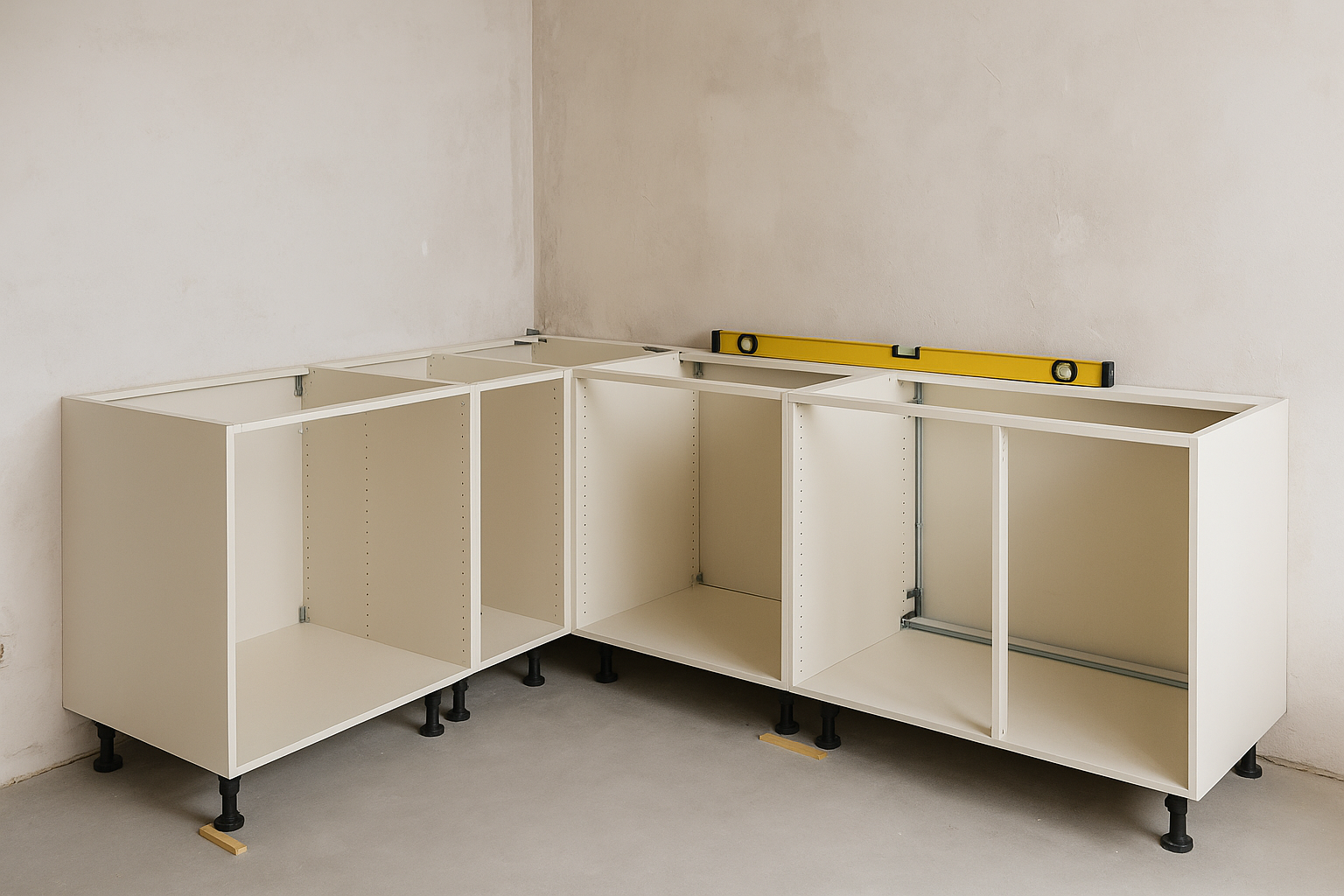 Base kitchen cabinets being levelled during installation