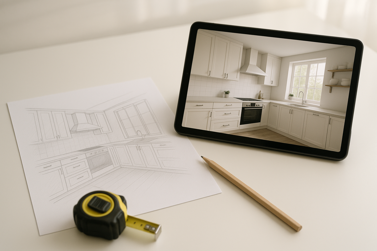Kitchen planning with a layout sketch and a 3D render on a tablet