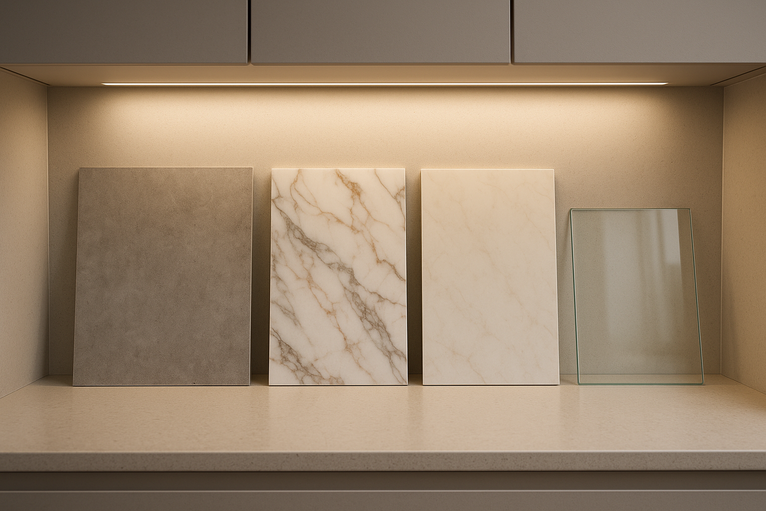 Kitchen splashback material samples under under-cabinet lighting