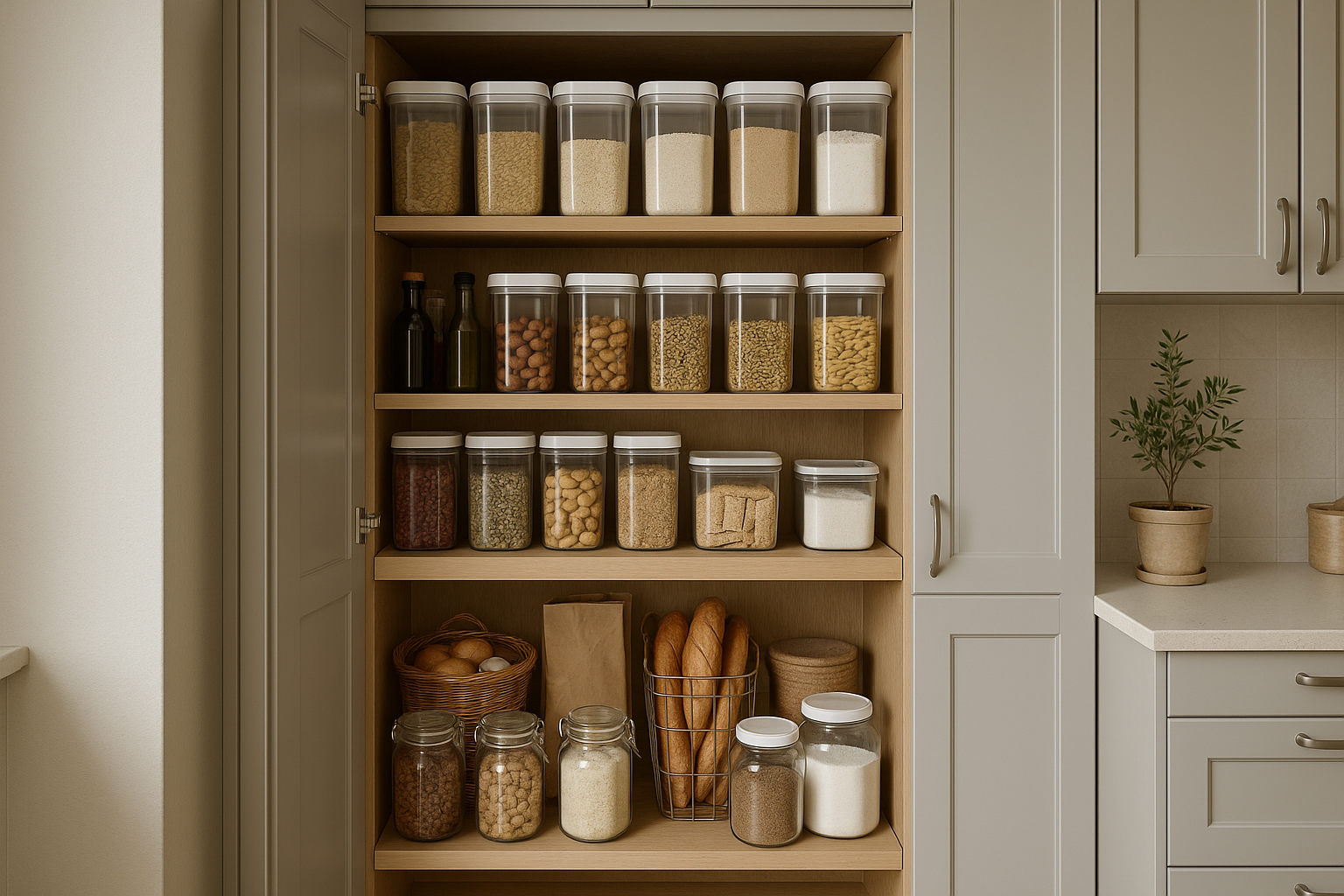 Full-height kitchen pantry with pull-out shelves for easy access