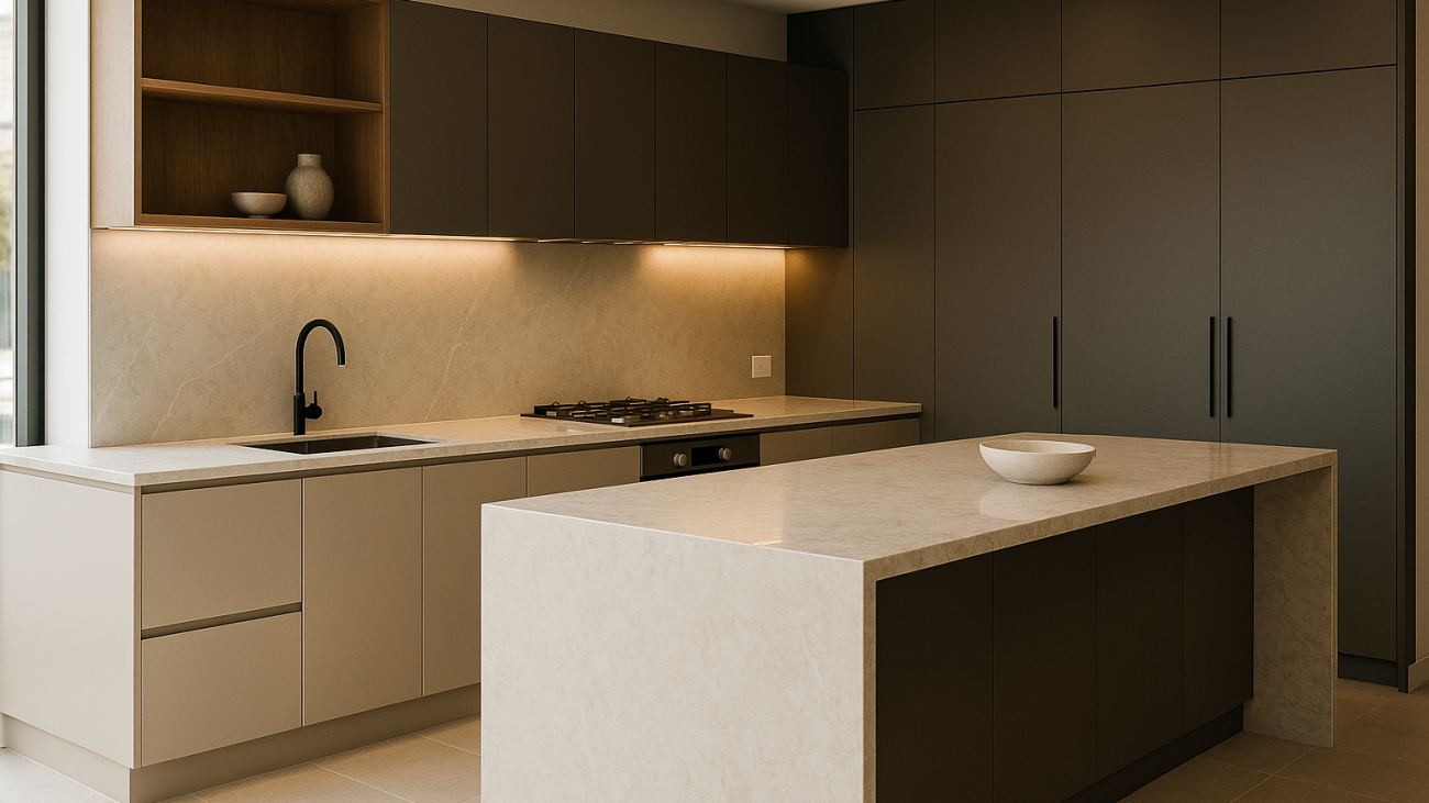 Kitchen showroom display with island, stone benchtop, matte cabinetry and pantry storage