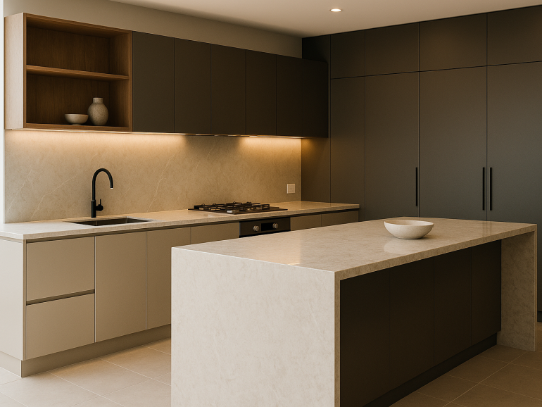 Kitchen showroom display with island, stone benchtop, matte cabinetry and pantry storage