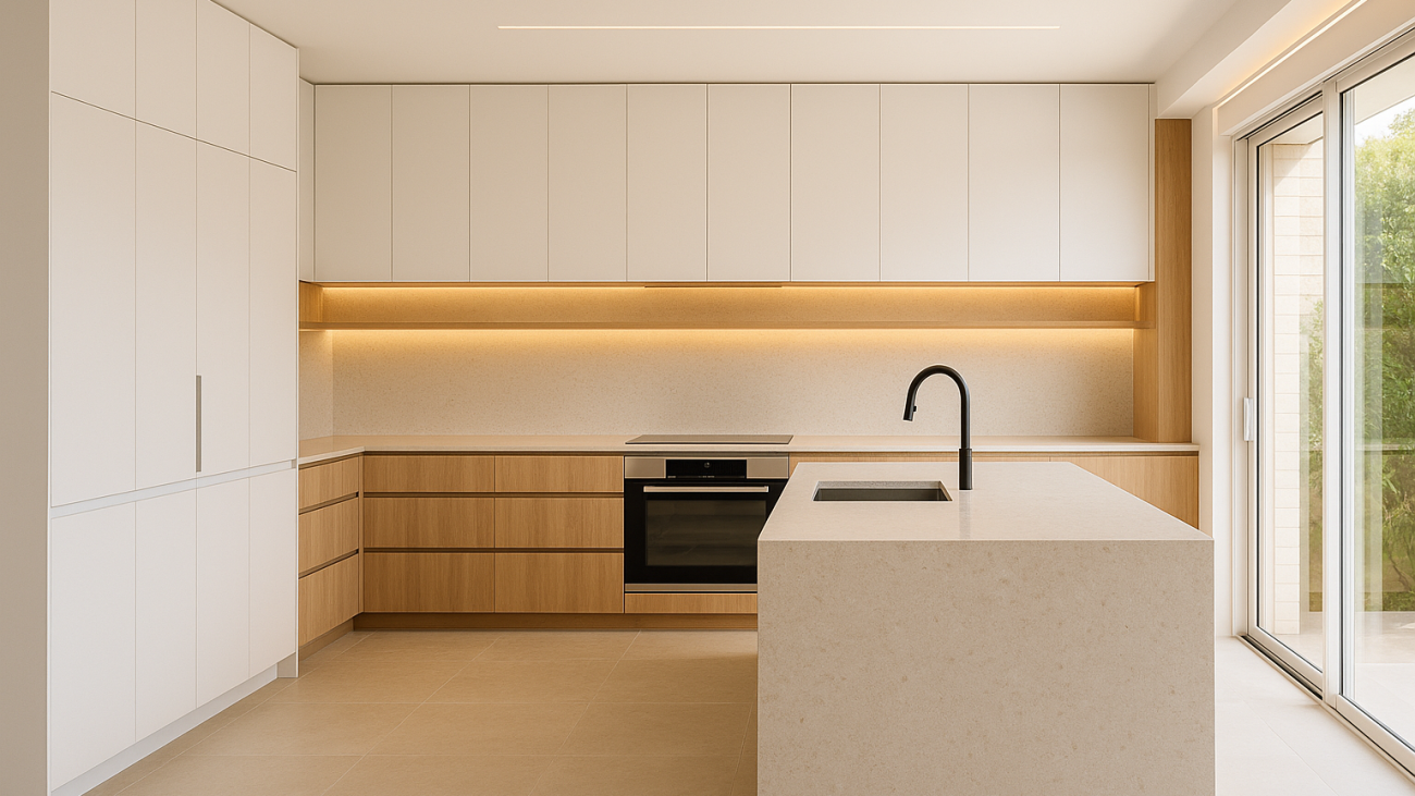 Modern architectural kitchen with flat-panel cabinetry and waterfall island benchtop