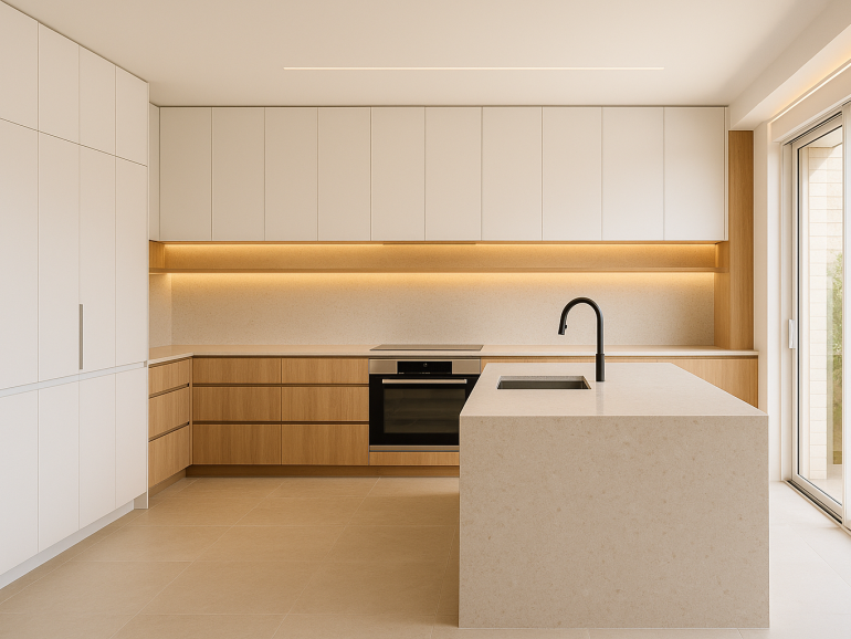 Modern architectural kitchen with flat-panel cabinetry and waterfall island benchtop
