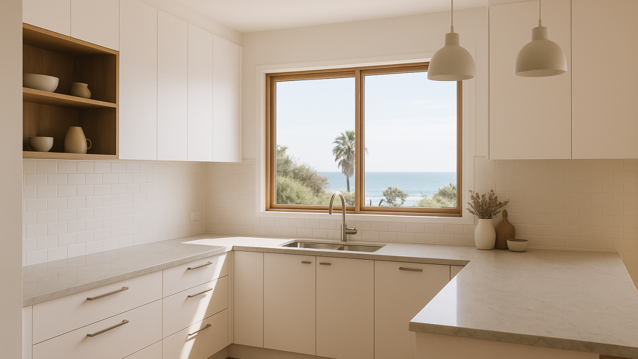 Coastal-style kitchen with white cabinetry, timber accents and a stone benchtop suitable for Palm Beach homes