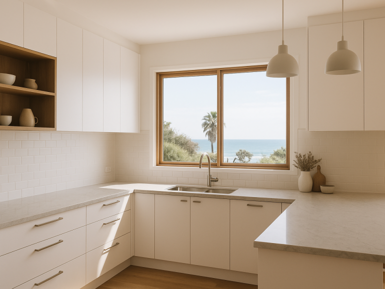 Coastal-style kitchen with white cabinetry, timber accents and a stone benchtop suitable for Palm Beach homes