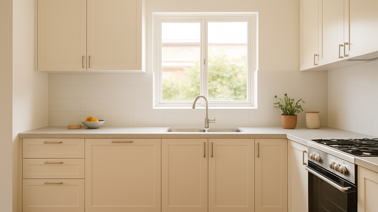 A clean, minimalist kitchen designed to be affordable and practical for everyday cooking