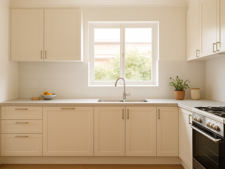 A clean, minimalist kitchen designed to be affordable and practical for everyday cooking