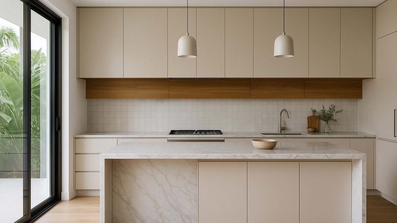 Well-designed modern boutique kitchen with island and warm timber accents