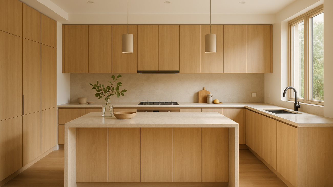 Modern Australian kitchen renovation with island, flat-panel cabinets and stone-look benchtop