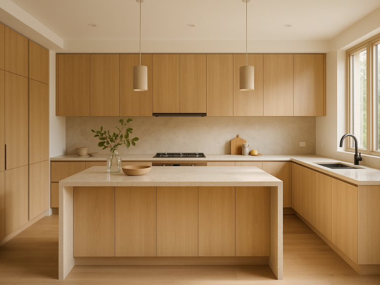 Modern Australian kitchen renovation with island, flat-panel cabinets and stone-look benchtop