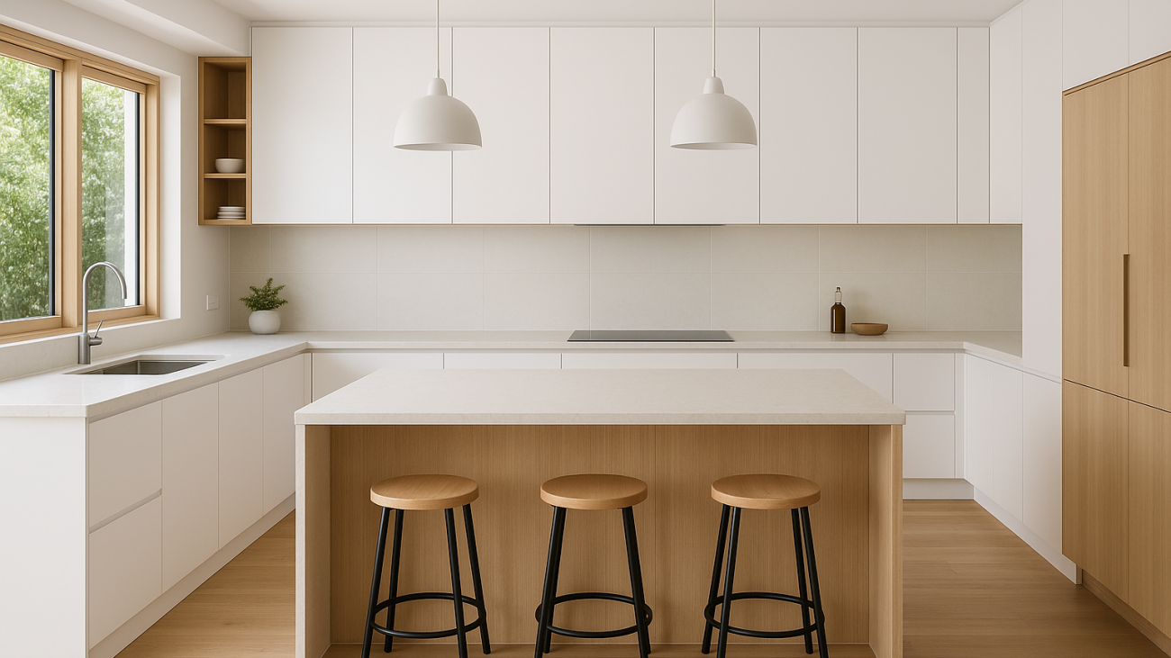 Modern Queensland kitchen with island showing practical layout and storage