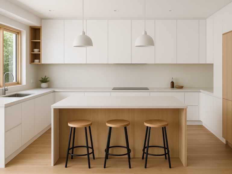 Modern Queensland kitchen with island showing practical layout and storage