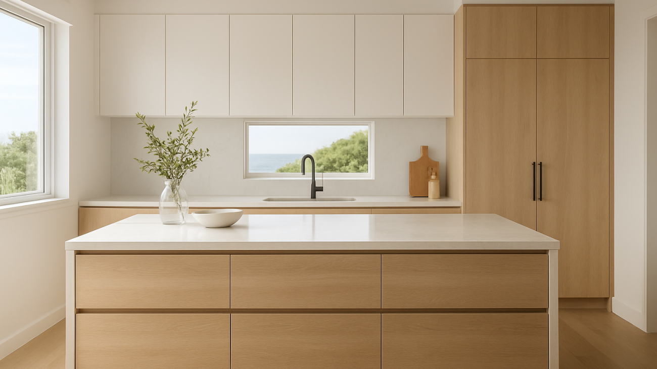 Modern coastal kitchen with white cabinetry, timber accents and stone benchtop
