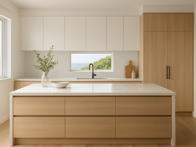 Modern coastal kitchen with white cabinetry, timber accents and stone benchtop