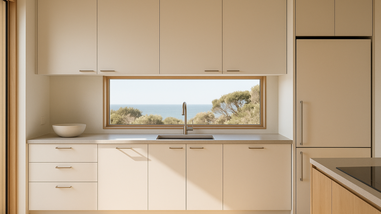Minimalist kitchen with flat-panel cabinetry, light stone benchtop and uncluttered surfaces