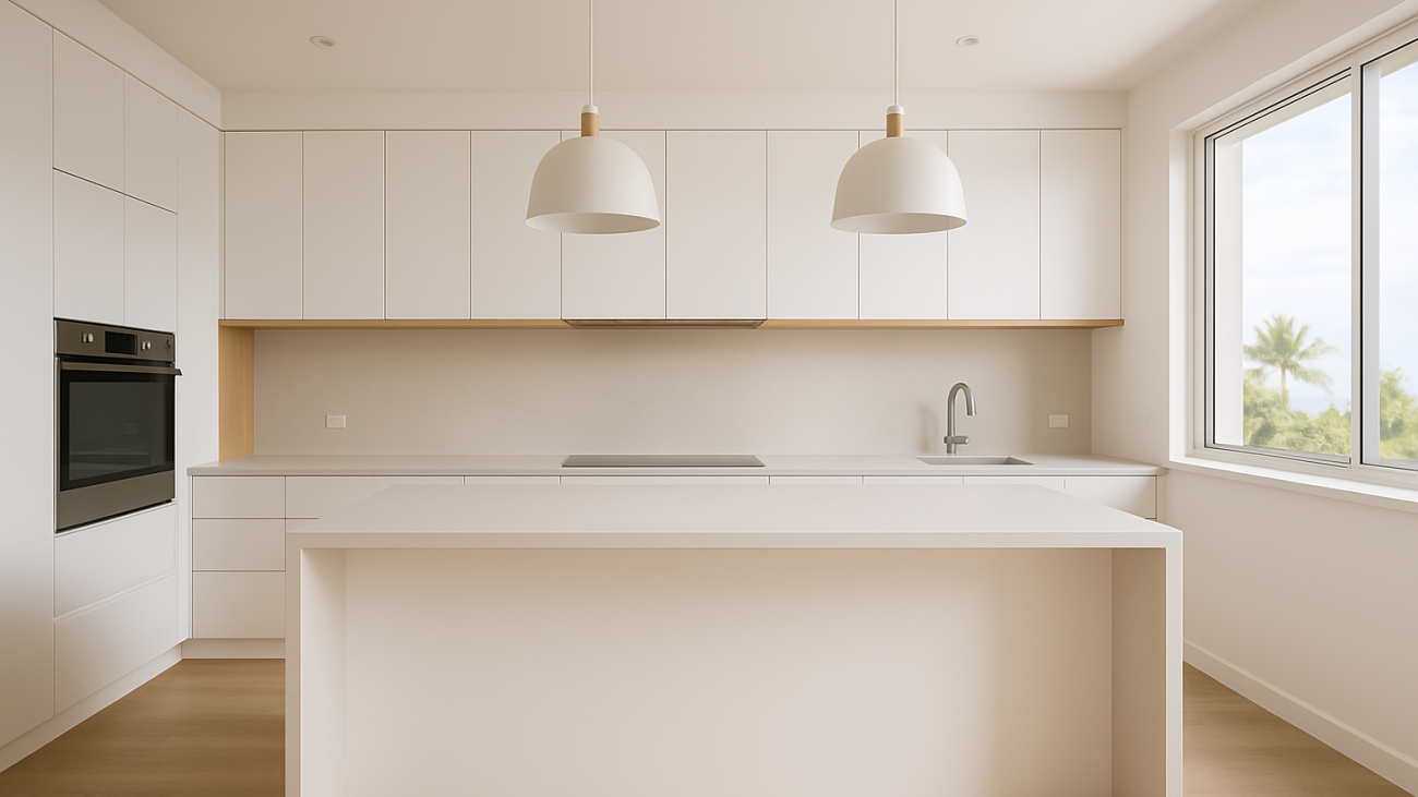 Modern new kitchen on the Gold Coast with island, matte cabinetry and timber accents