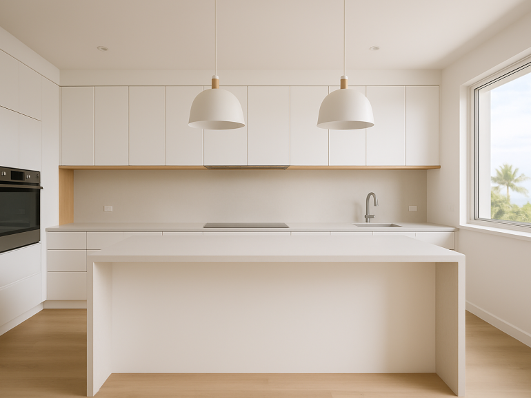 Modern new kitchen on the Gold Coast with island, matte cabinetry and timber accents