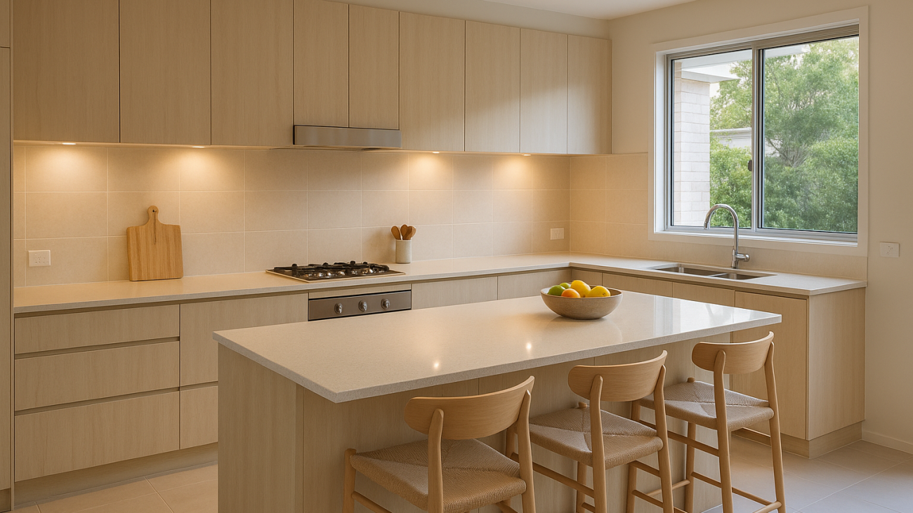 Modern Gold Coast kitchen with island seating and practical storage
