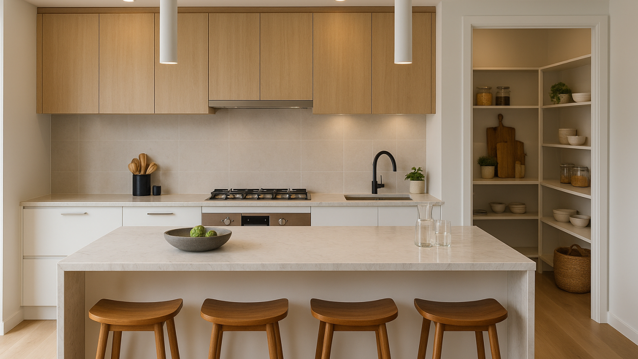 Modern Gold Coast kitchen showroom display with custom cabinetry and stone benchtop