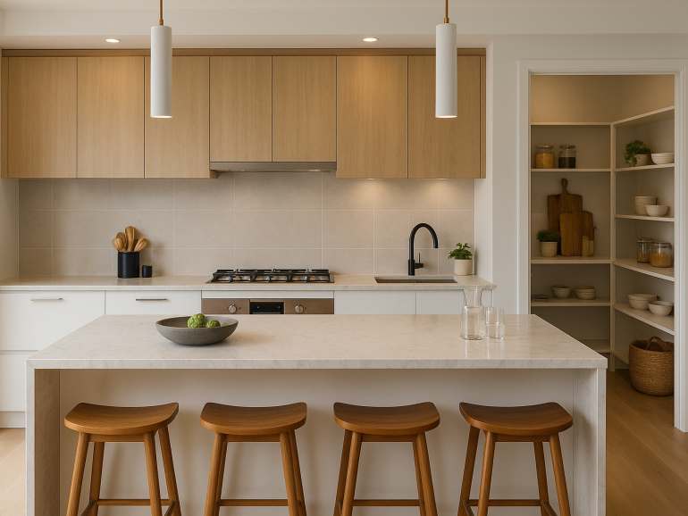 Modern Gold Coast kitchen showroom display with custom cabinetry and stone benchtop