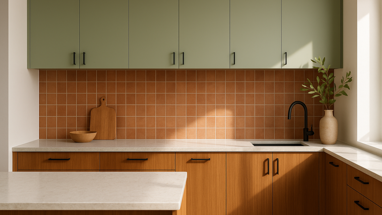 A modern Gold Coast kitchen with green and timber cabinetry, terracotta tile splash back, and stone benchtop.
