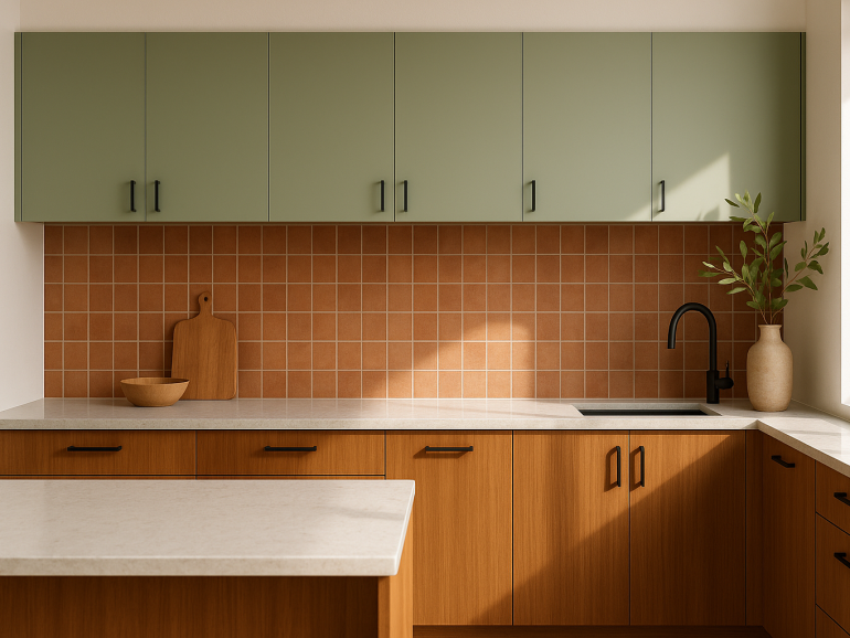 A modern Gold Coast kitchen with green and timber cabinetry, terracotta tile splash back, and stone benchtop.