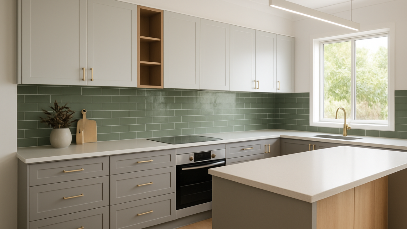2026 kitchen design with mid-grey cabinetry, timber accents, and green tile splashback