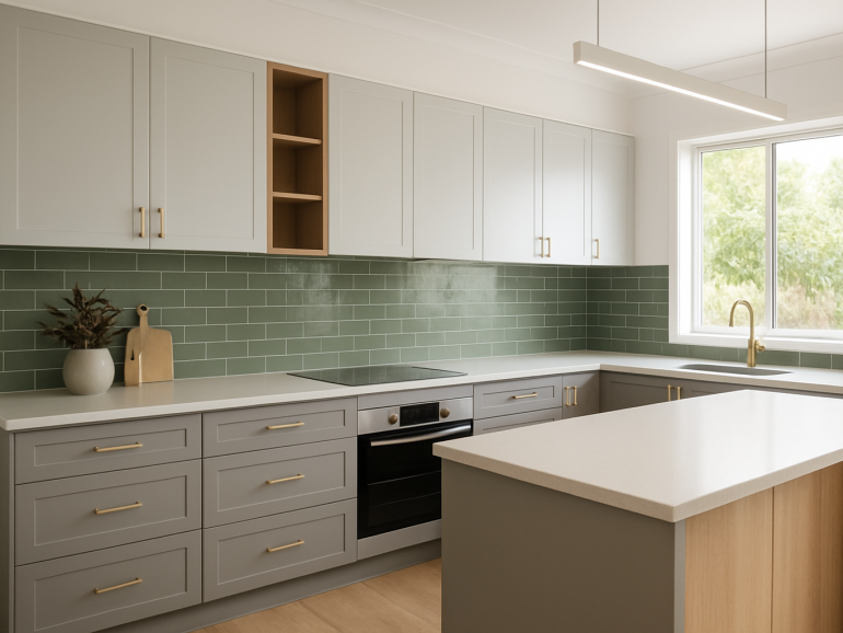 2026 kitchen design with mid-grey cabinetry, timber accents, and green tile splashback