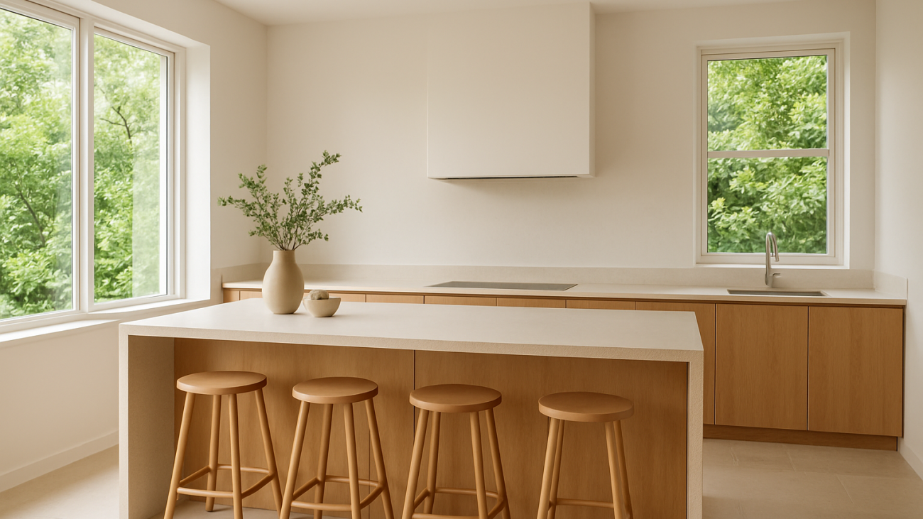 Modern minimalist kitchen with natural timber and warm neutral colours