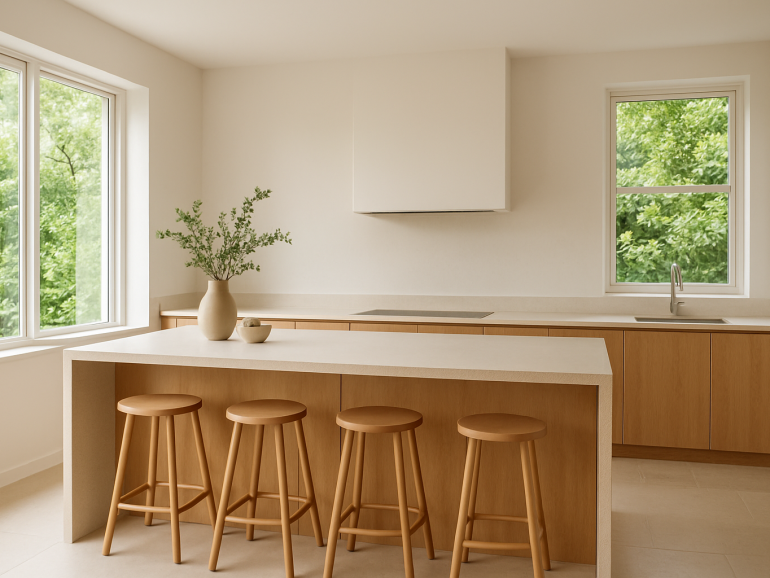 Modern minimalist kitchen with natural timber and warm neutral colours