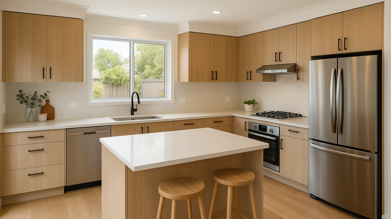Modern L-shaped kitchen layout with central island and natural light