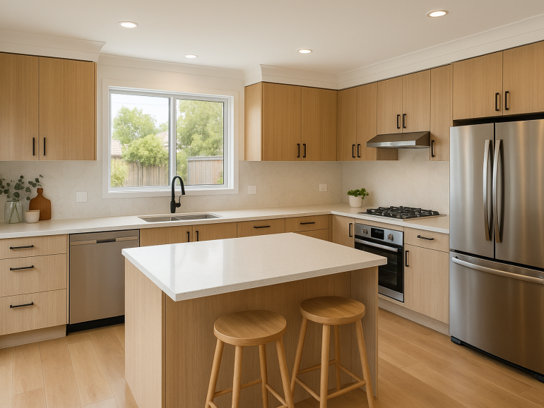 Modern L-shaped kitchen layout with central island and natural light