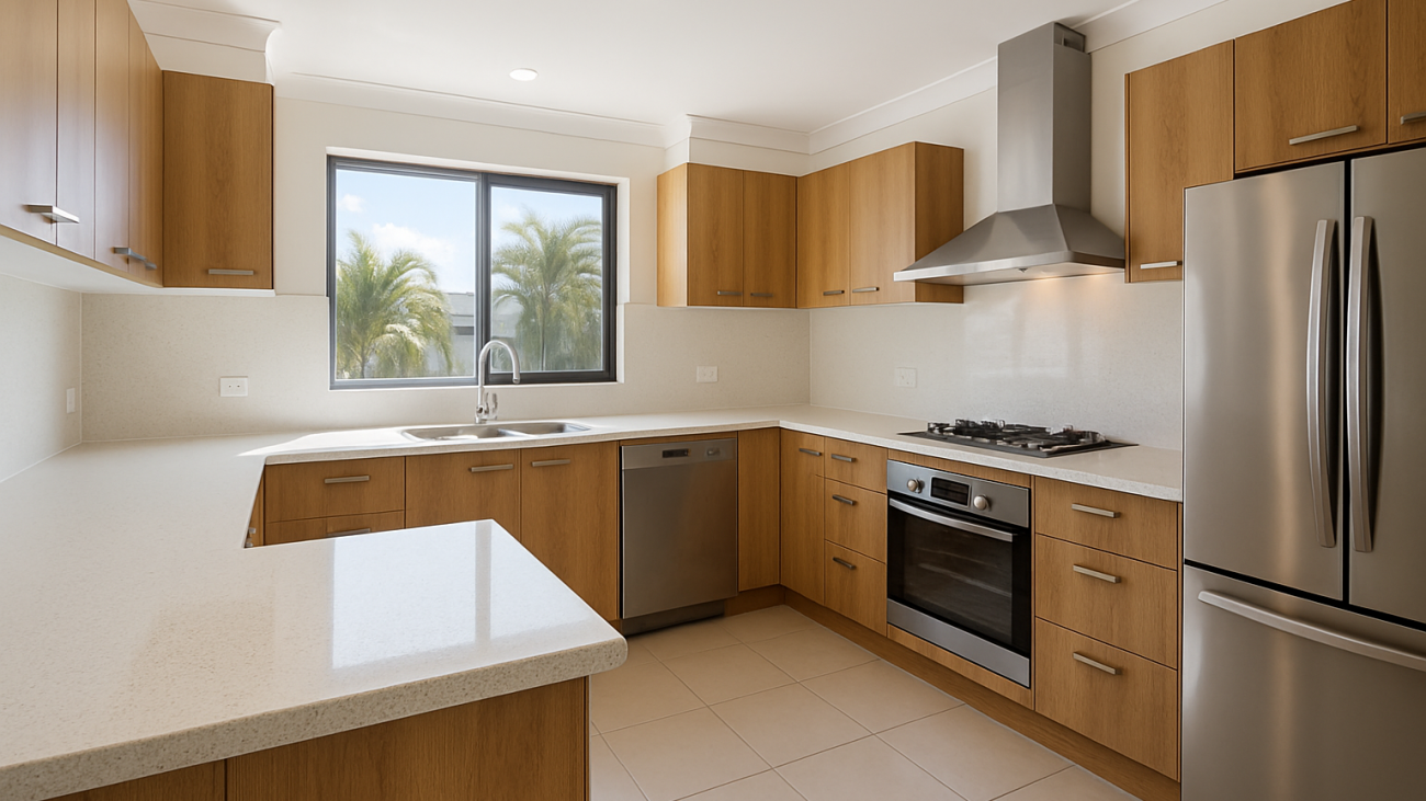 Modern kitchen with timber cabinetry and stone benchtop