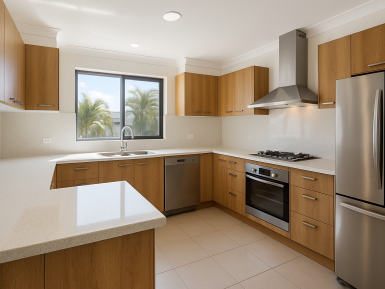 Modern kitchen with timber cabinetry and stone benchtop