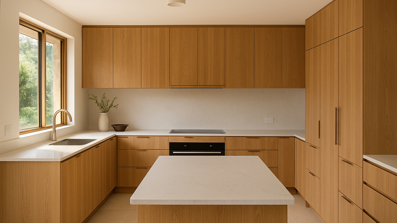 Modern custom kitchen with timber cabinetry and stone benchtops in Nerang