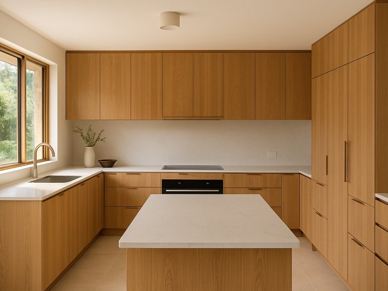 Modern custom kitchen with timber cabinetry and stone benchtops in Nerang