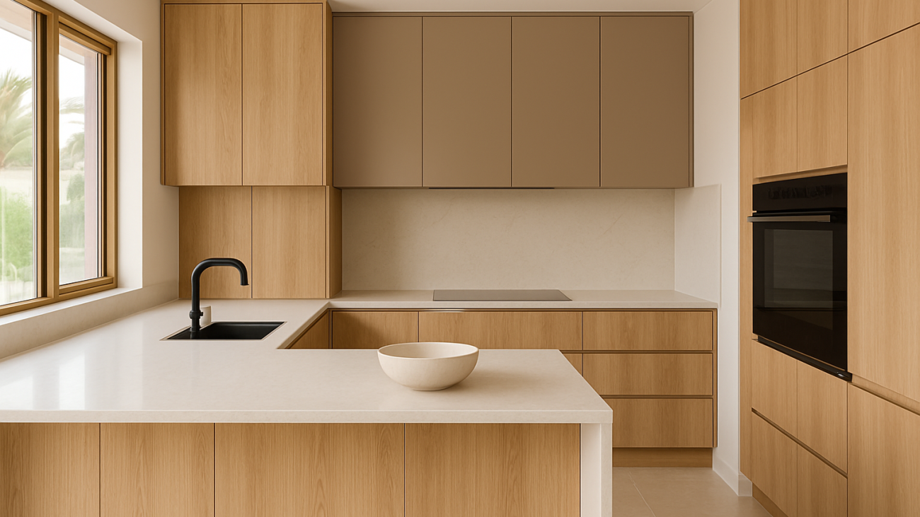 Modern kitchen with 2026 home joinery trends including timber veneer cabinets and stone benchtops
