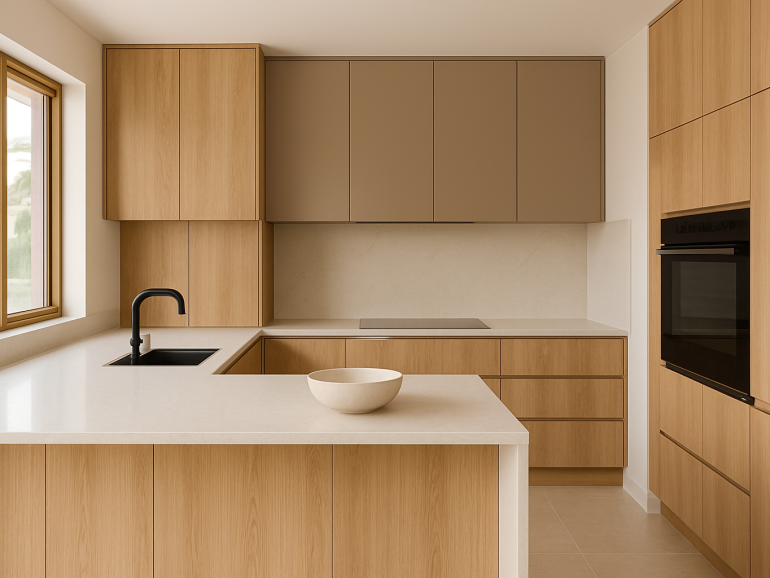 Modern kitchen with 2026 home joinery trends including timber veneer cabinets and stone benchtops