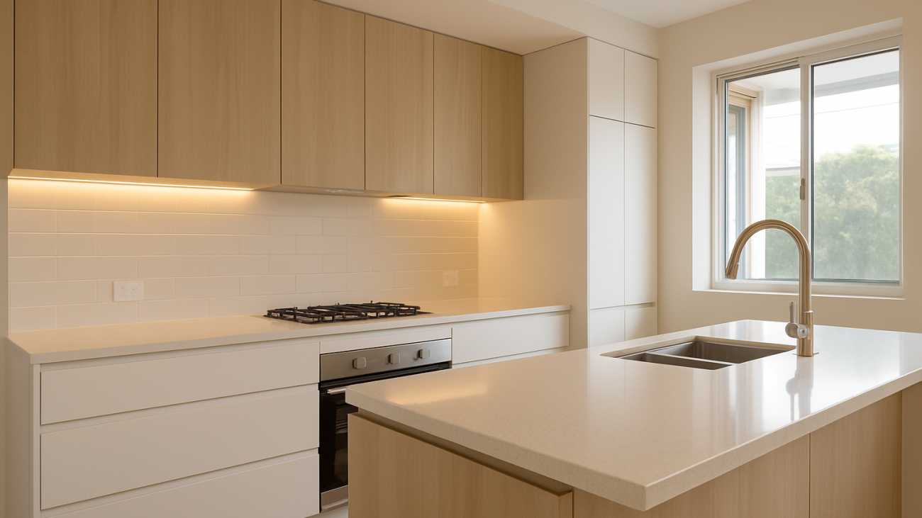Modern finished kitchen with stone benchtop and tiled splashback