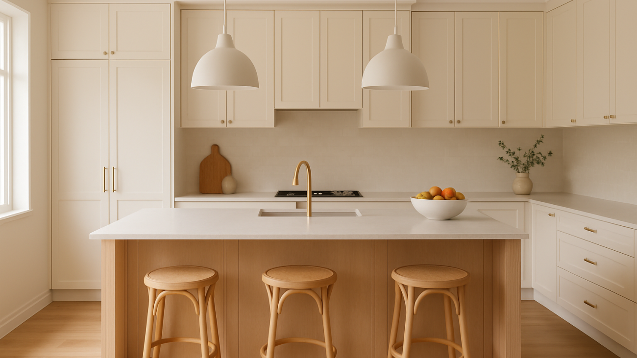 Contemporary kitchen setting with island seating, practical lighting and clean benchtops