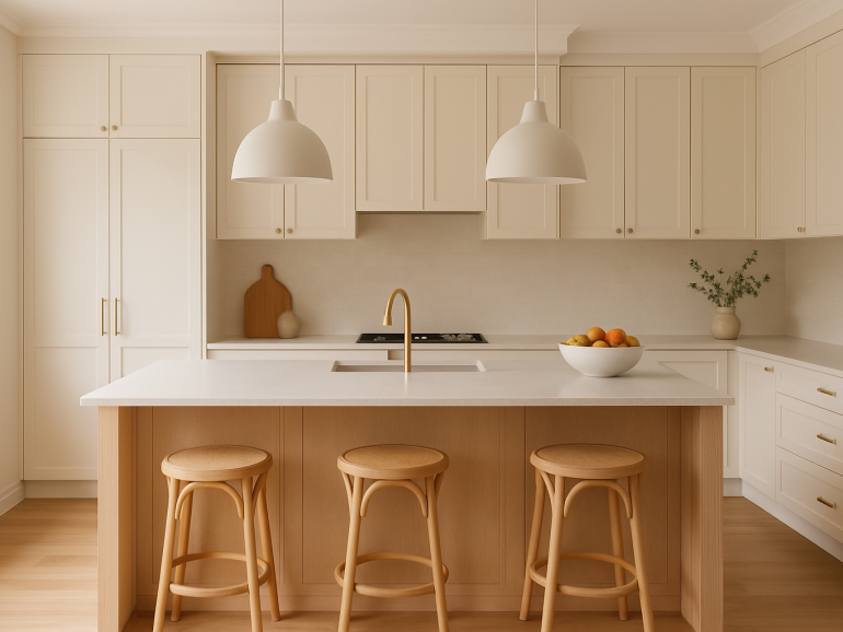 Contemporary kitchen setting with island seating, practical lighting and clean benchtops