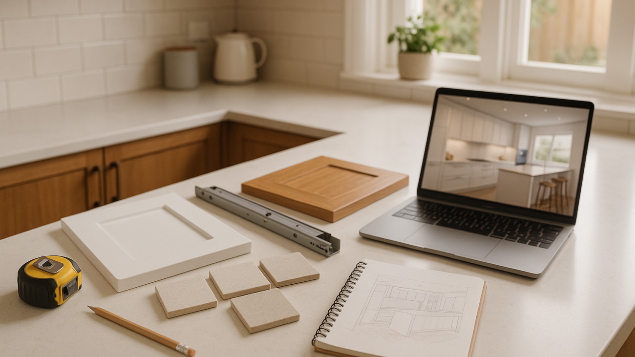 DIY kitchen renovation planning with cabinet samples, tile samples and measuring tools