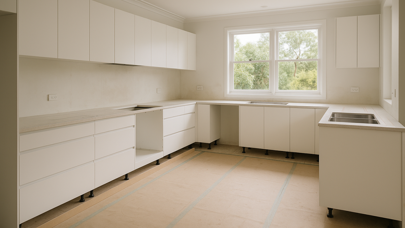 Kitchen renovation in progress with new cabinets installed and benchtop pending