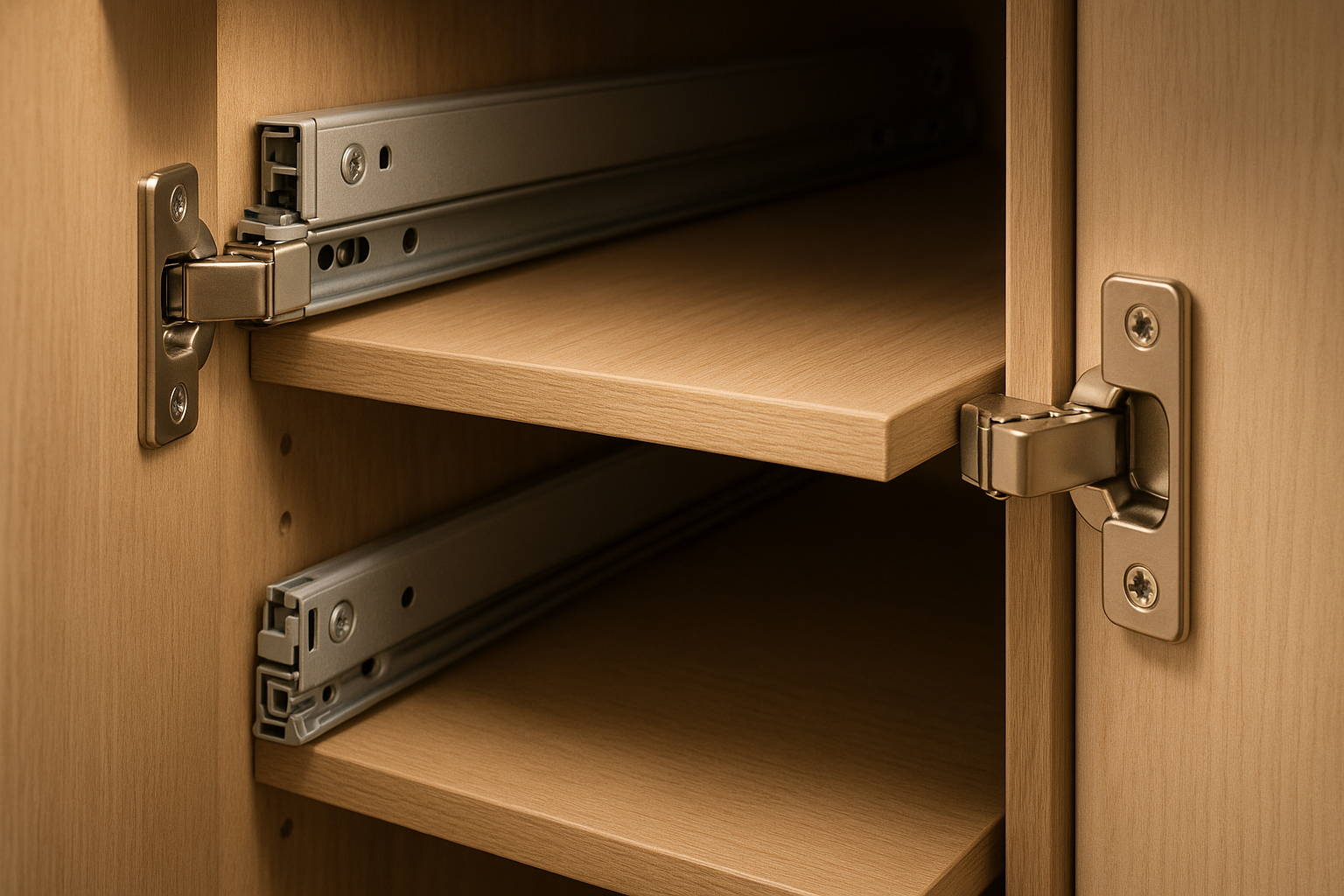 Close-up of soft-close kitchen drawer hardware and hinges
