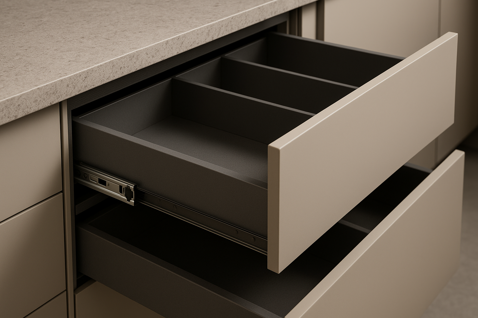 Close-up of soft-close kitchen drawers with internal organisers in a showroom display