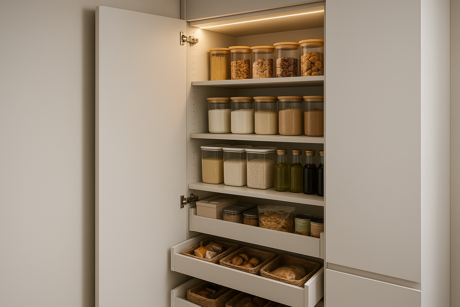 Full-height pantry with internal drawers and pull-out storage