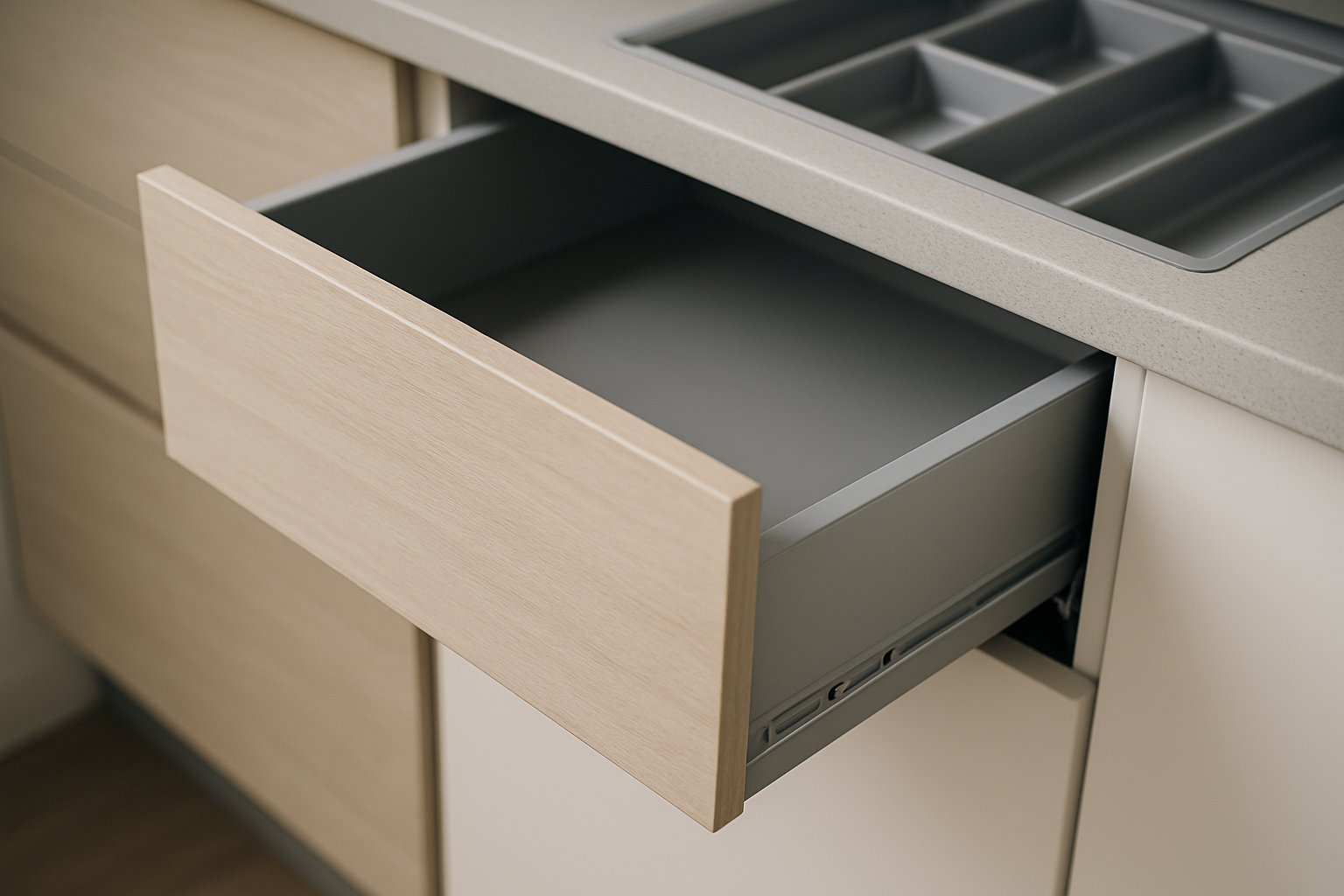Close-up of soft-close drawer runners and a deep kitchen drawer used for practical storage