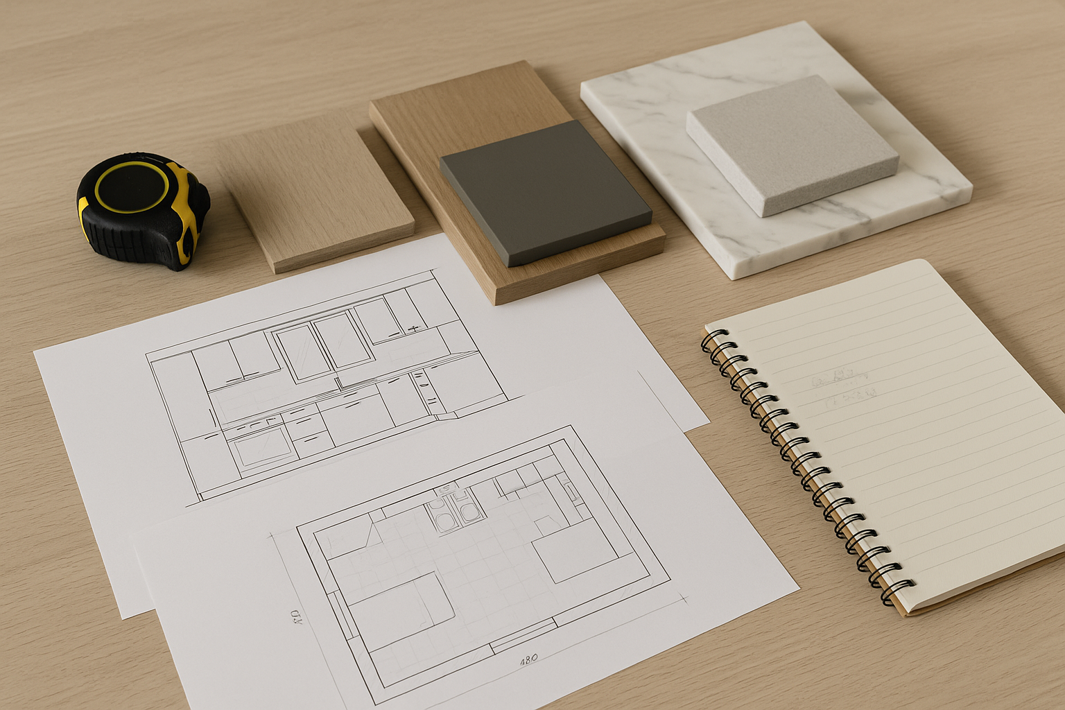 Kitchen renovation planning with drawings, finish samples and measurements
