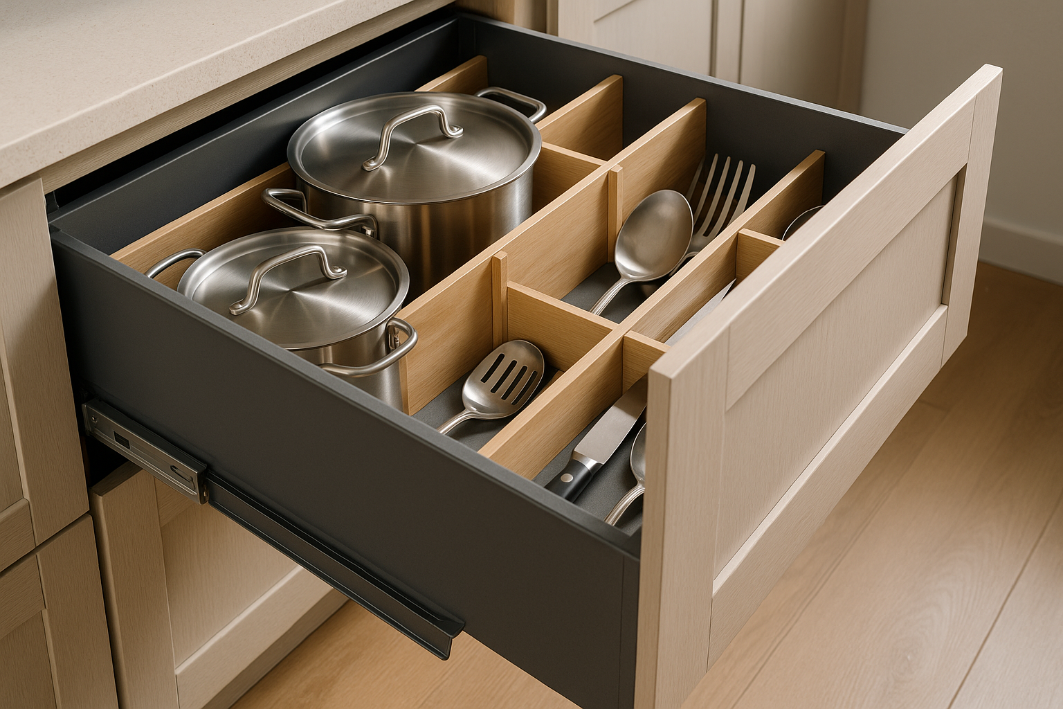 Deep kitchen drawers with dividers for practical storage